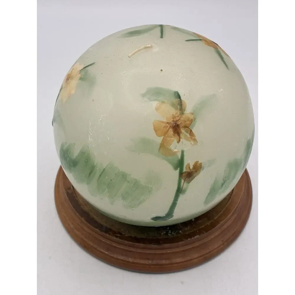 Vintage Handmade Sphere Candle Pressed Flowers Wood Base 5” Boho Decor